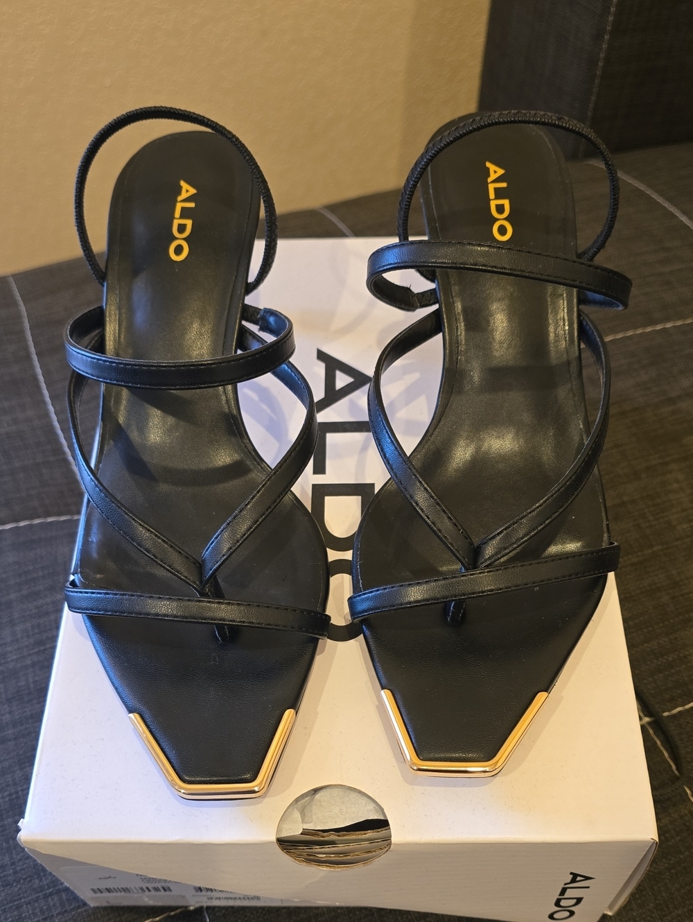 ALDO Black Strappy Square-Toe Heeled Sandals with Gold Trim